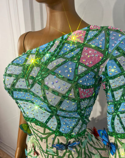 CELESINYI Hudiehuaban Crystal Butterfly Print Dress
