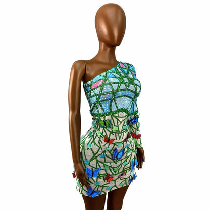 CELESINYI Hudiehuaban Crystal Butterfly Print Dress