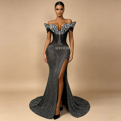 Heimofa Rhinestone Black Magic Witch Costume Dress