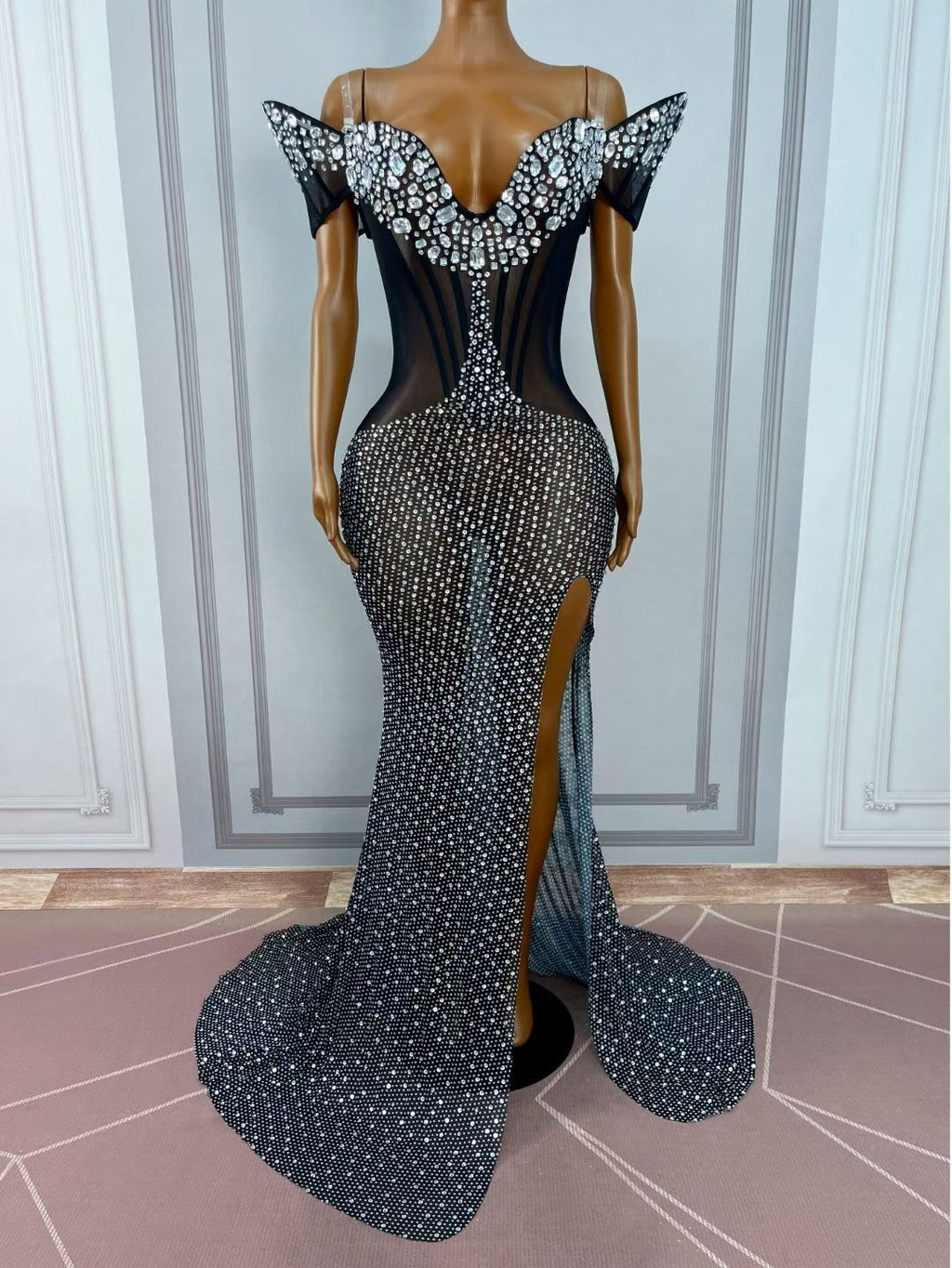 CELESINYI Heimofa Crystal Mermaid Slit Gown