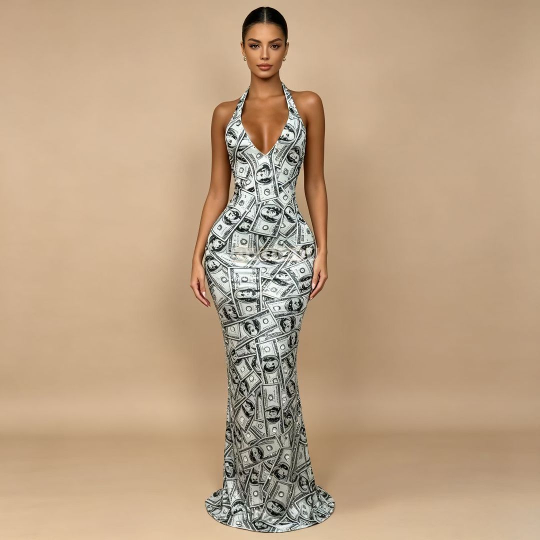 Doule Rhinestone Dollar Bill Print Party Dress