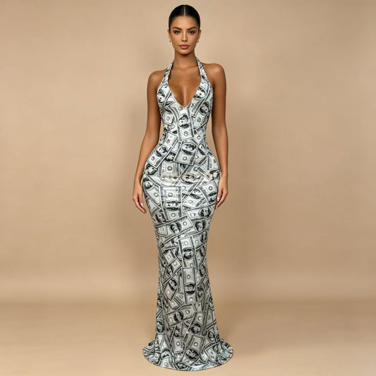 CELESINYI Daole Crystal Dollar Print Mermaid Gown