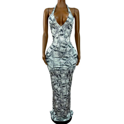 Doule Rhinestone Dollar Bill Print Party Dress