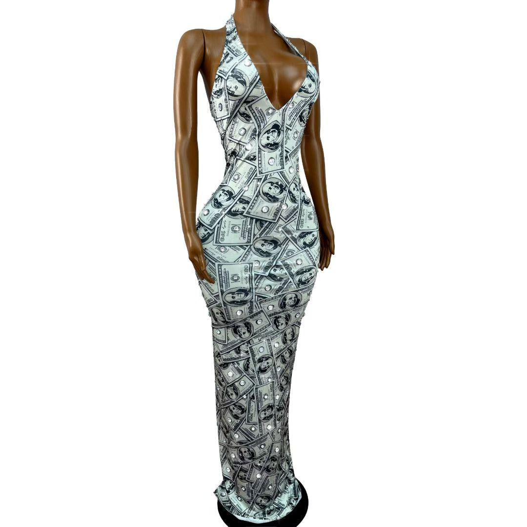 CELESINYI Daole Crystal Dollar Print Mermaid Gown