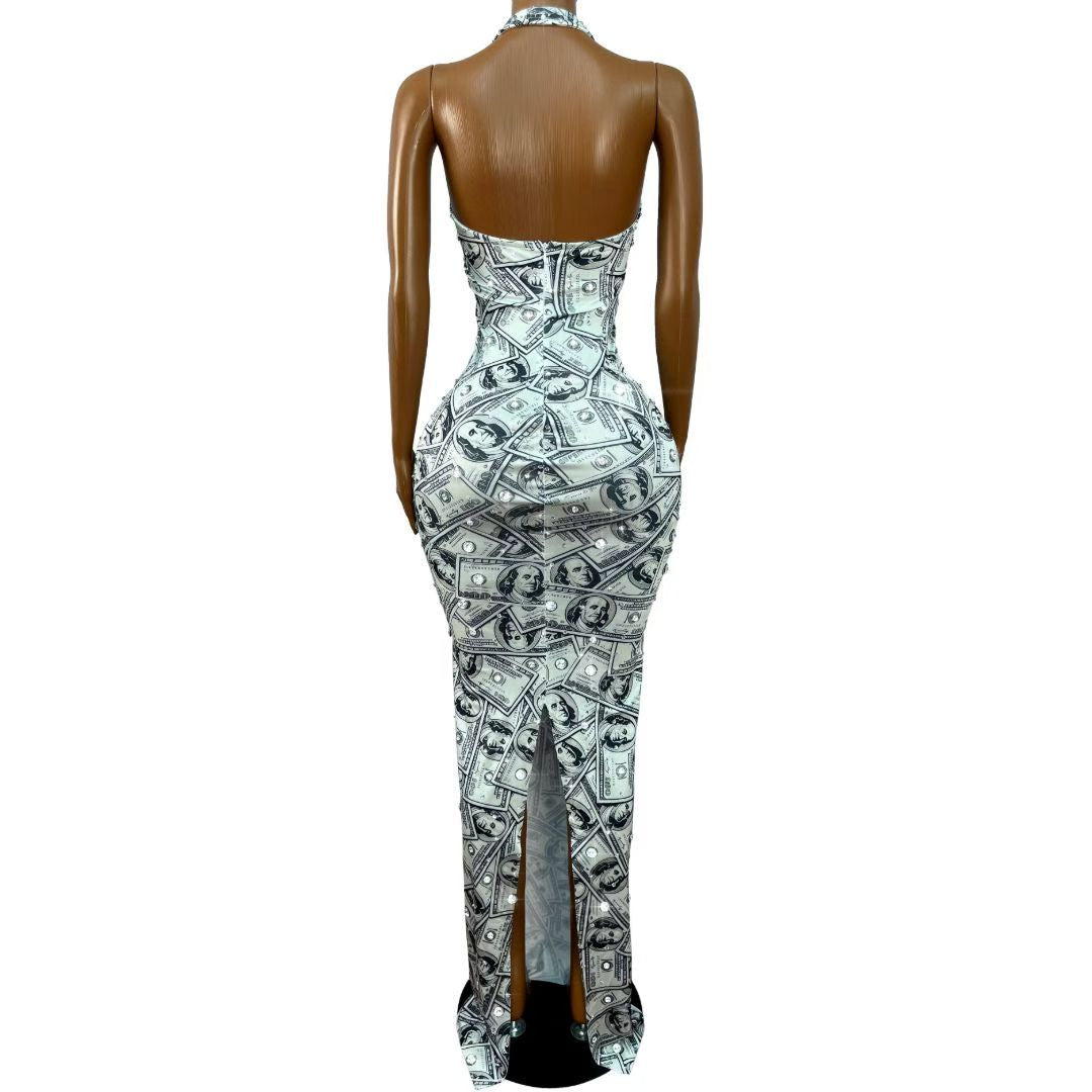 Doule Rhinestone Dollar Bill Print Party Dress