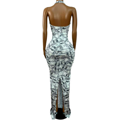 Doule Rhinestone Dollar Bill Print Party Dress