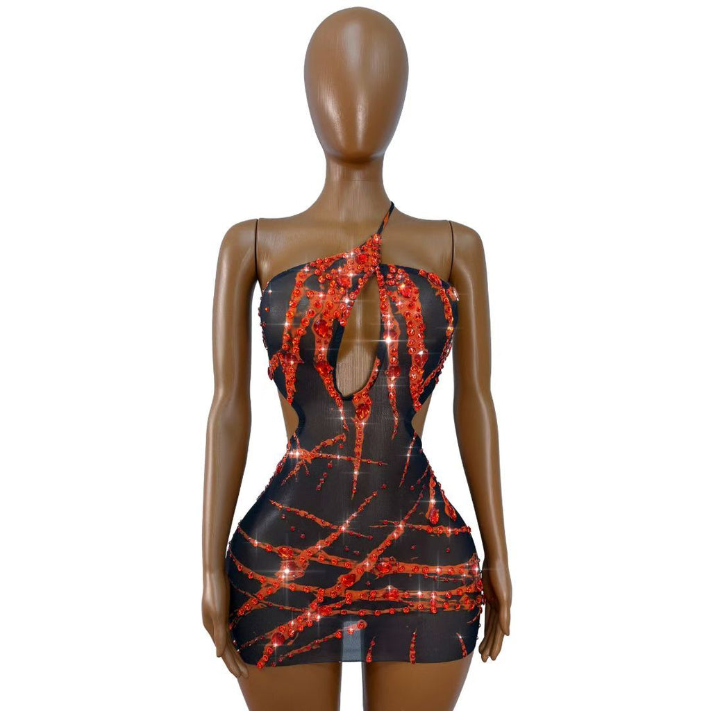 CELESINYI Xuezhua Crystal Flame Cutout Mini Dress
