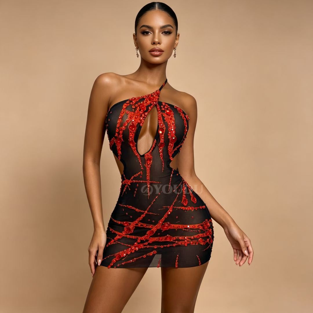 Xuezhua Bloodclaw Rhinestone Backless Mini Party Dress