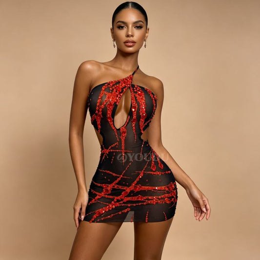 CELESINYI Xuezhua Crystal Flame Cutout Mini Dress