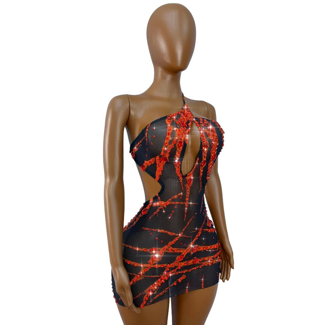 CELESINYI Xuezhua Crystal Flame Cutout Mini Dress