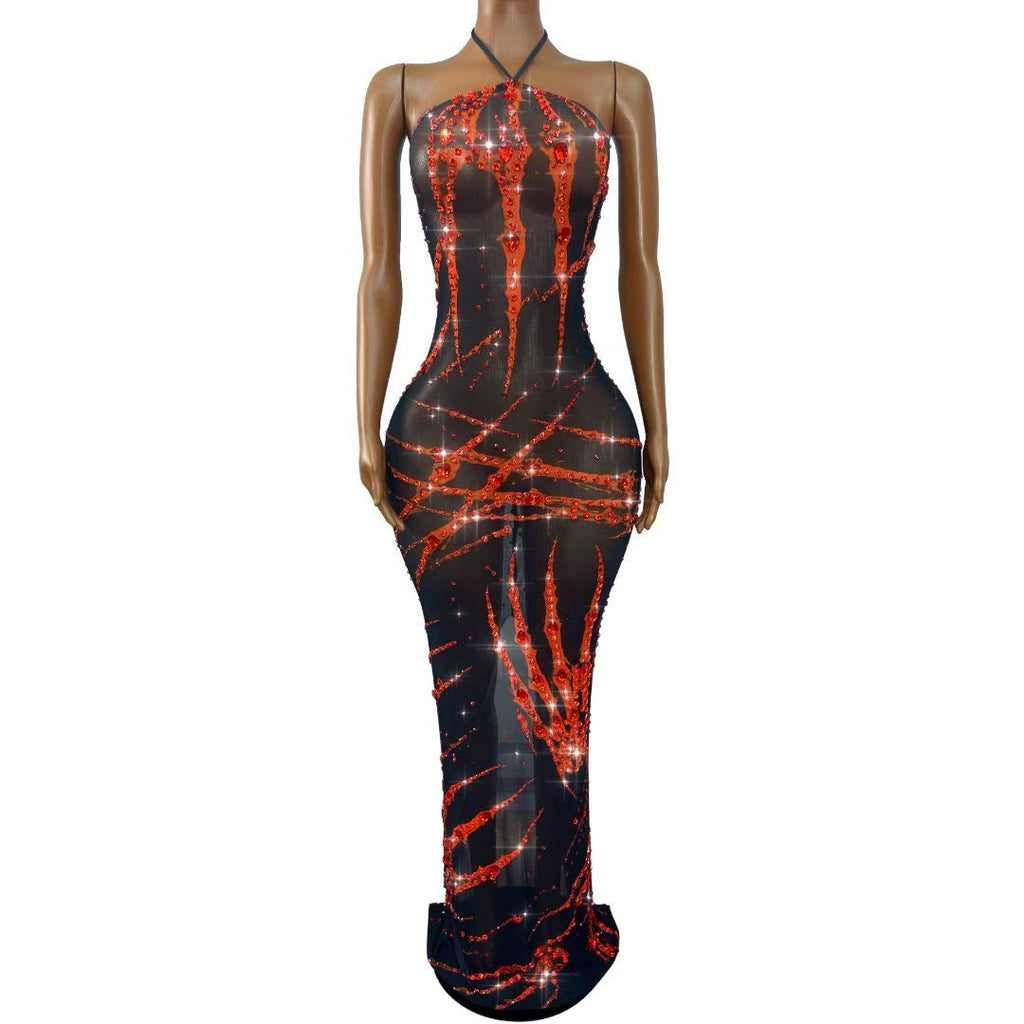 CELESINYI Xuezhua Crystal Halter Backless Maxi Dress