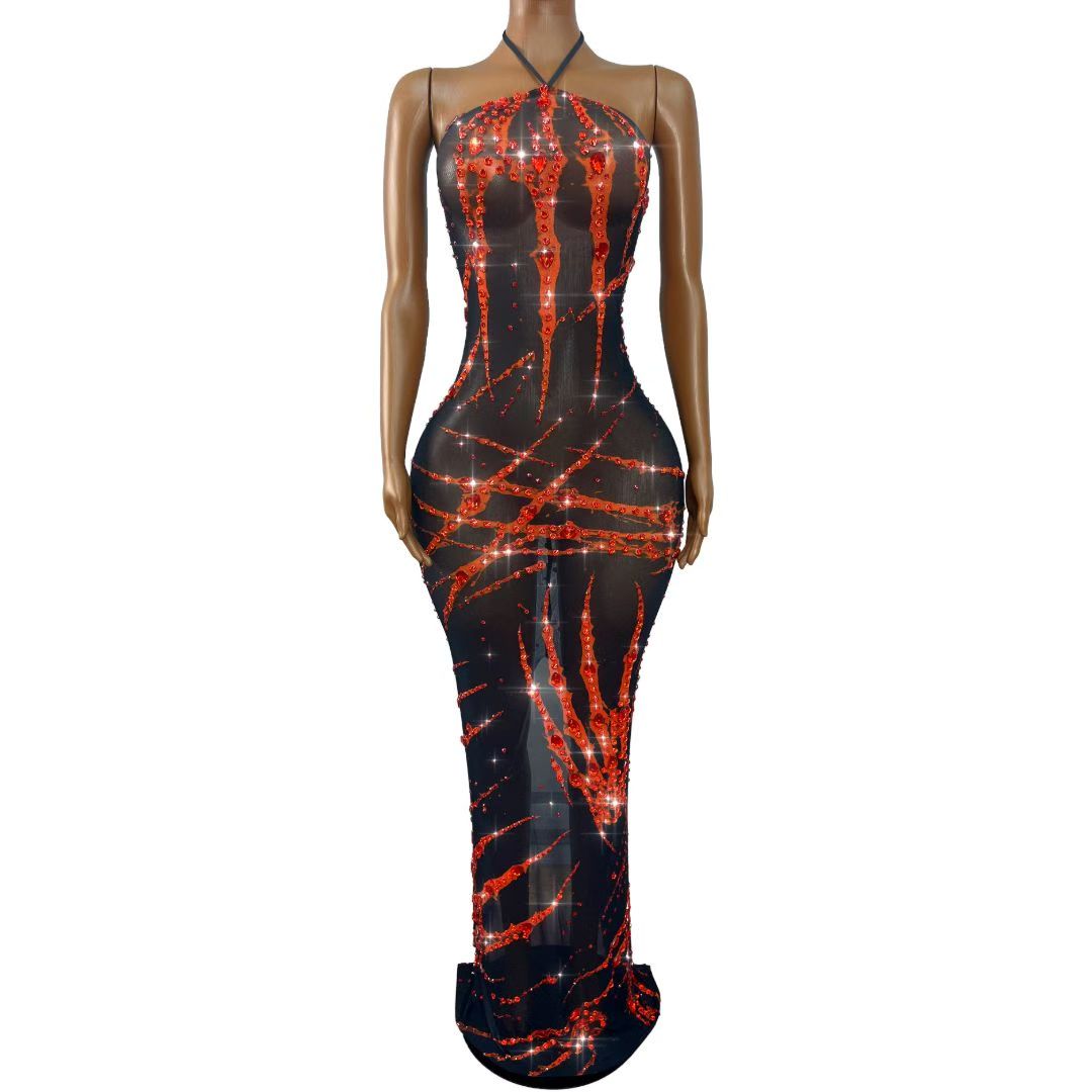 Xuezhua Bloodclaw Rhinestone Halter Maxi Dress