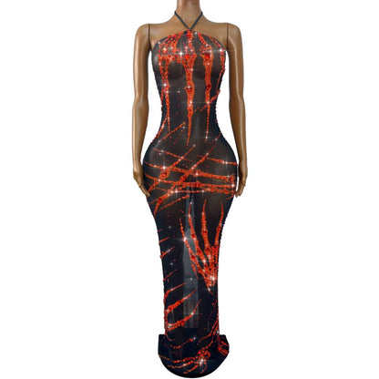 Xuezhua Bloodclaw Rhinestone Halter Maxi Dress