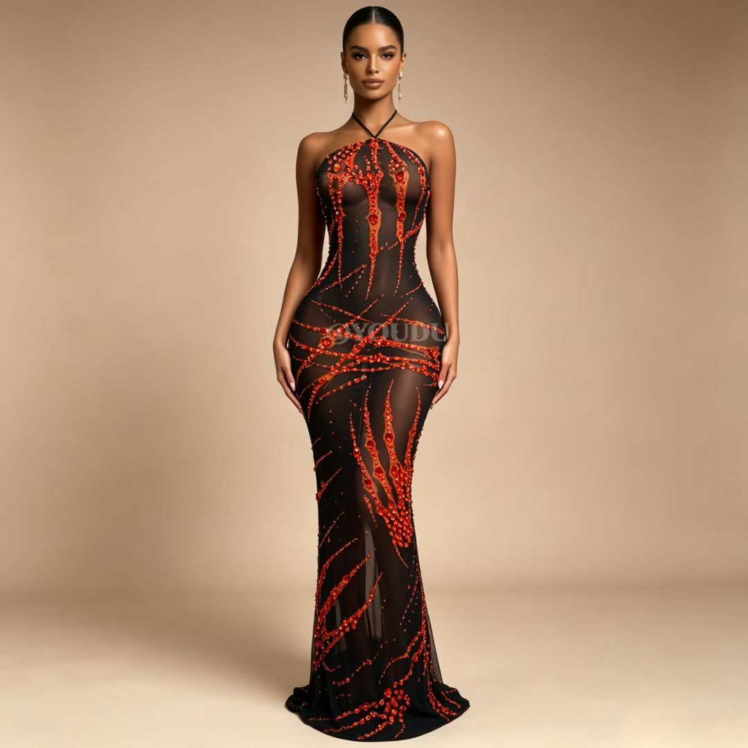 Xuezhua Bloodclaw Rhinestone Halter Maxi Dress