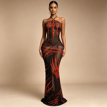 Xuezhua Bloodclaw Rhinestone Halter Maxi Dress