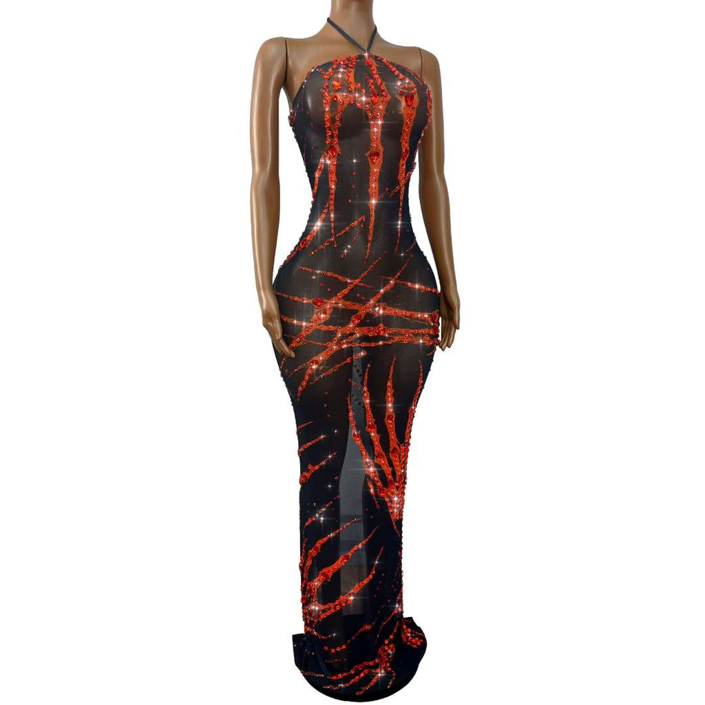 CELESINYI Xuezhua Crystal Halter Backless Maxi Dress