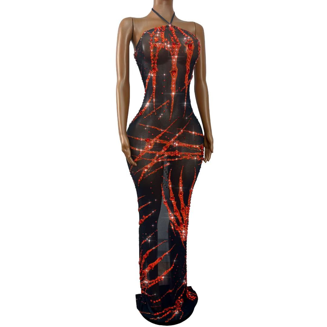 CELESINYI Xuezhua Crystal Halter Backless Maxi Dress