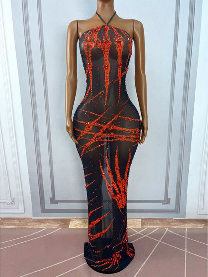 Xuezhua Bloodclaw Rhinestone Halter Maxi Dress