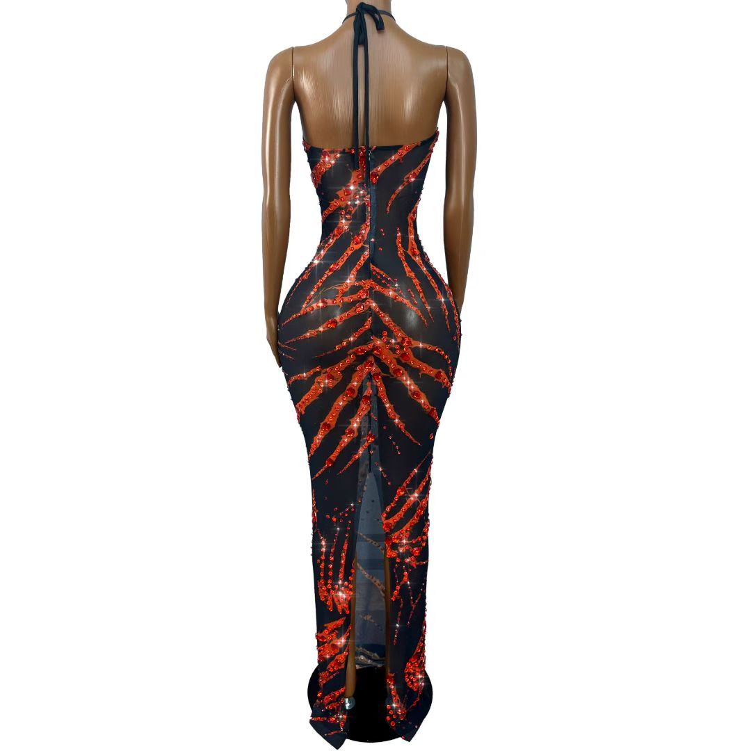 Xuezhua Bloodclaw Rhinestone Halter Maxi Dress
