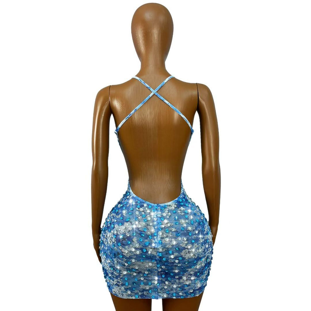 CELESINYI Lanmeiguojiang Crystal Blueberry Print Halter Mini Dress