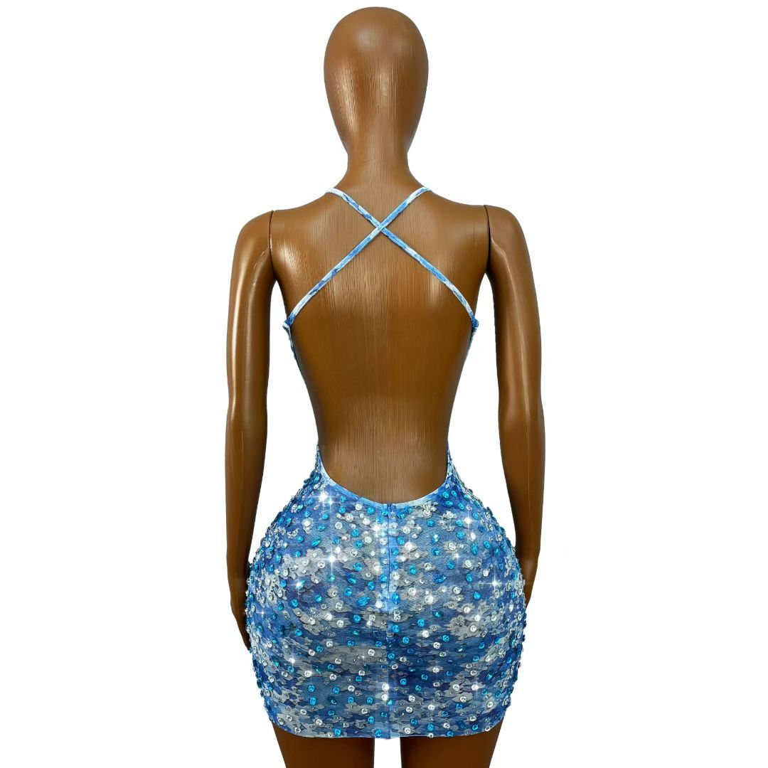 Lanmeiguojiang Rhinestone Blueberry Jam Print Party Dress