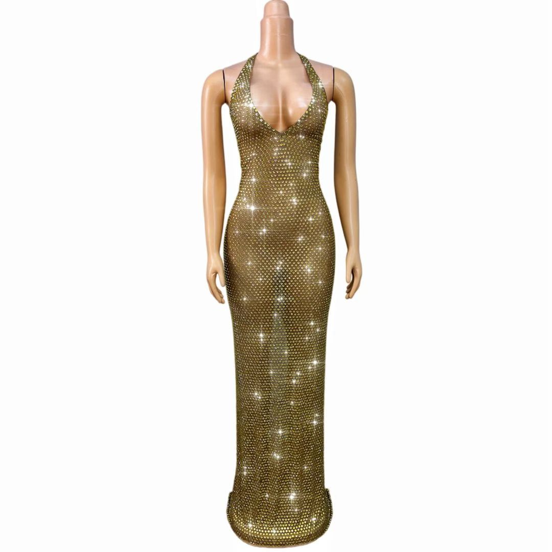 CELESINYI Jinmantang Crystal Gold Mesh Gown