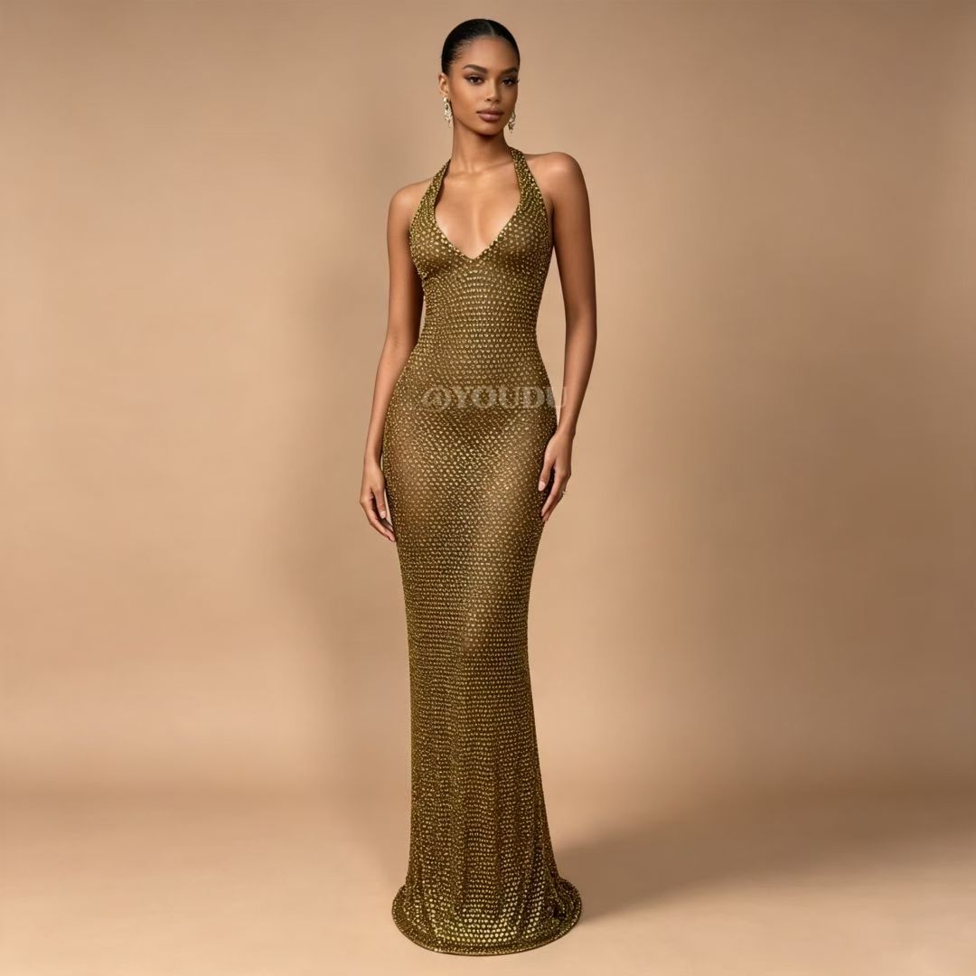 CELESINYI Jinmantang Crystal Gold Mesh Gown
