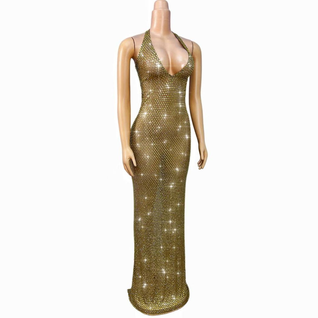 CELESINYI Jinmantang Crystal Gold Mesh Gown