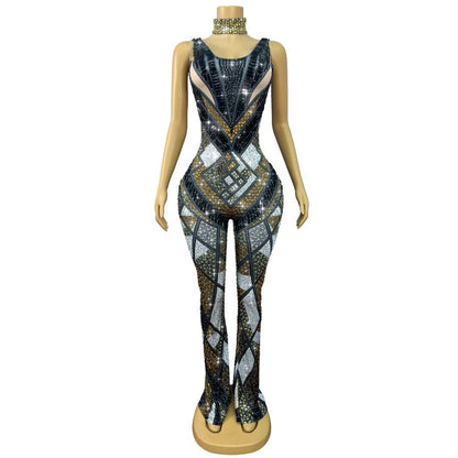 Luomacazhuan Rhinestone Roman Mosaic Print Stage Dress