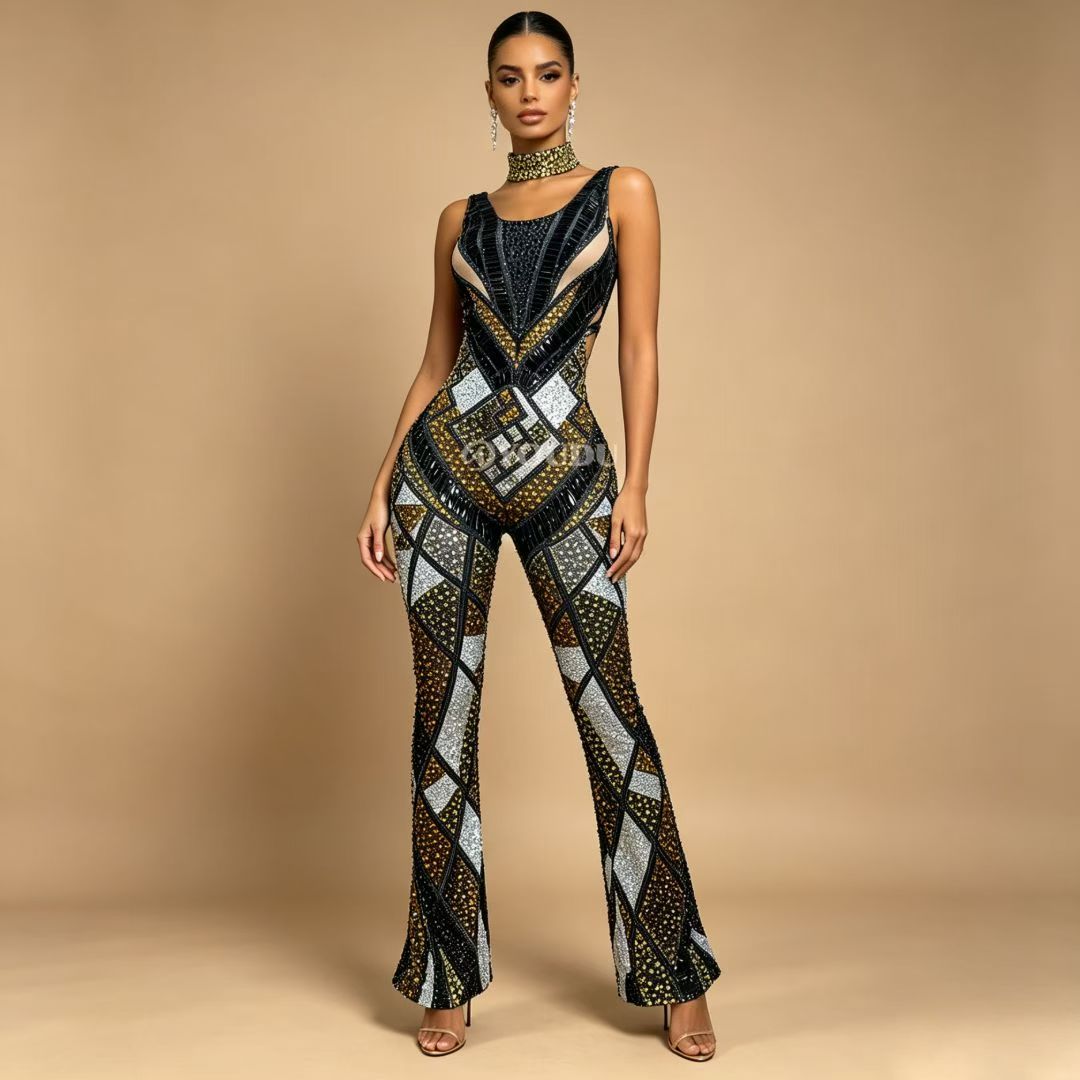 Luomacazhuan Rhinestone Roman Mosaic Print Stage Dress