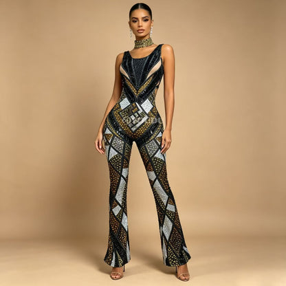 Luomacazhuan Rhinestone Roman Mosaic Print Stage Dress