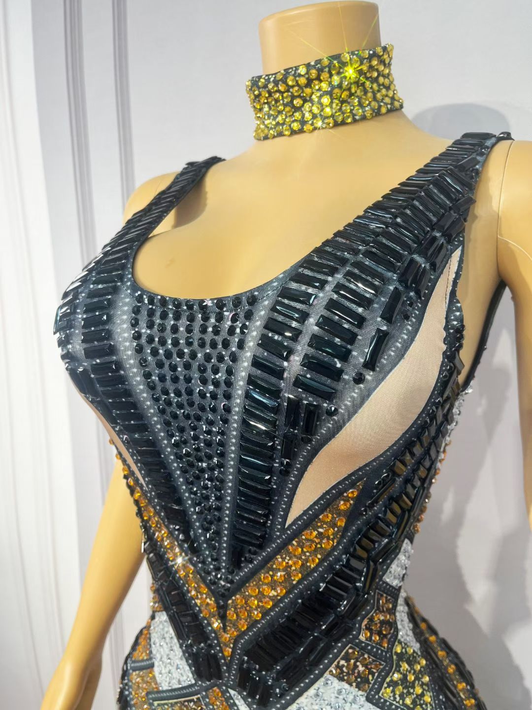 Luomacazhuan Rhinestone Roman Mosaic Print Stage Dress