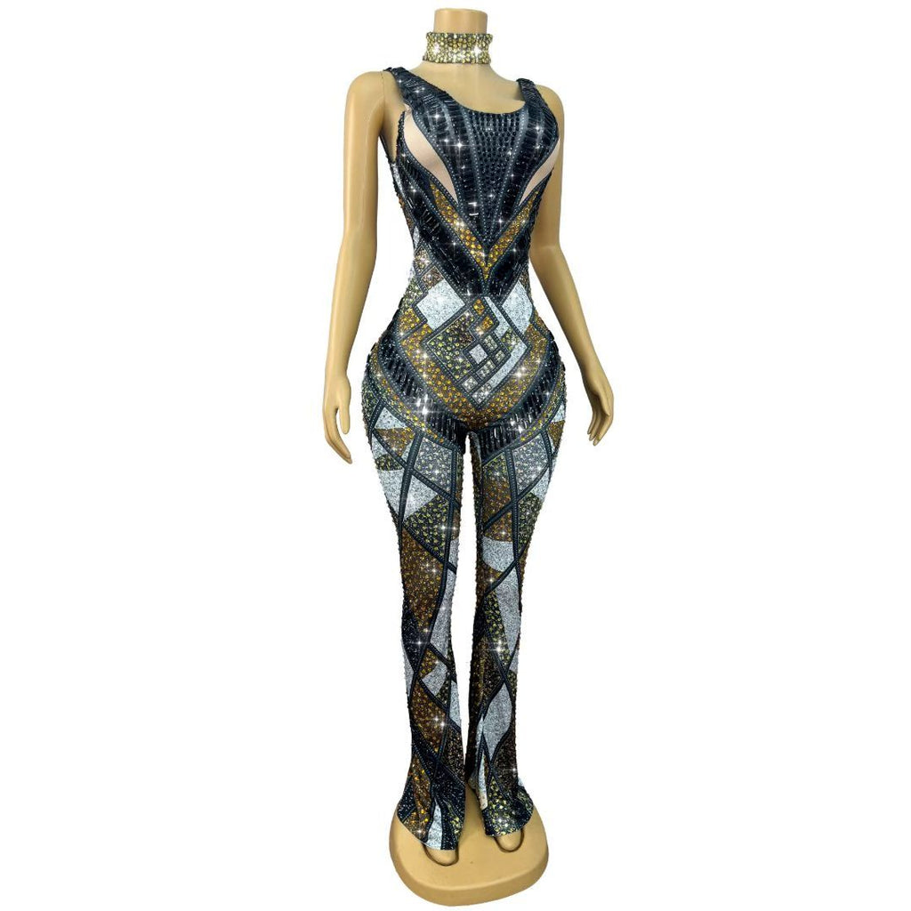 CELESINYI Luomacazhuan Crystal Mosaic Bell-Bottom Jumpsuit