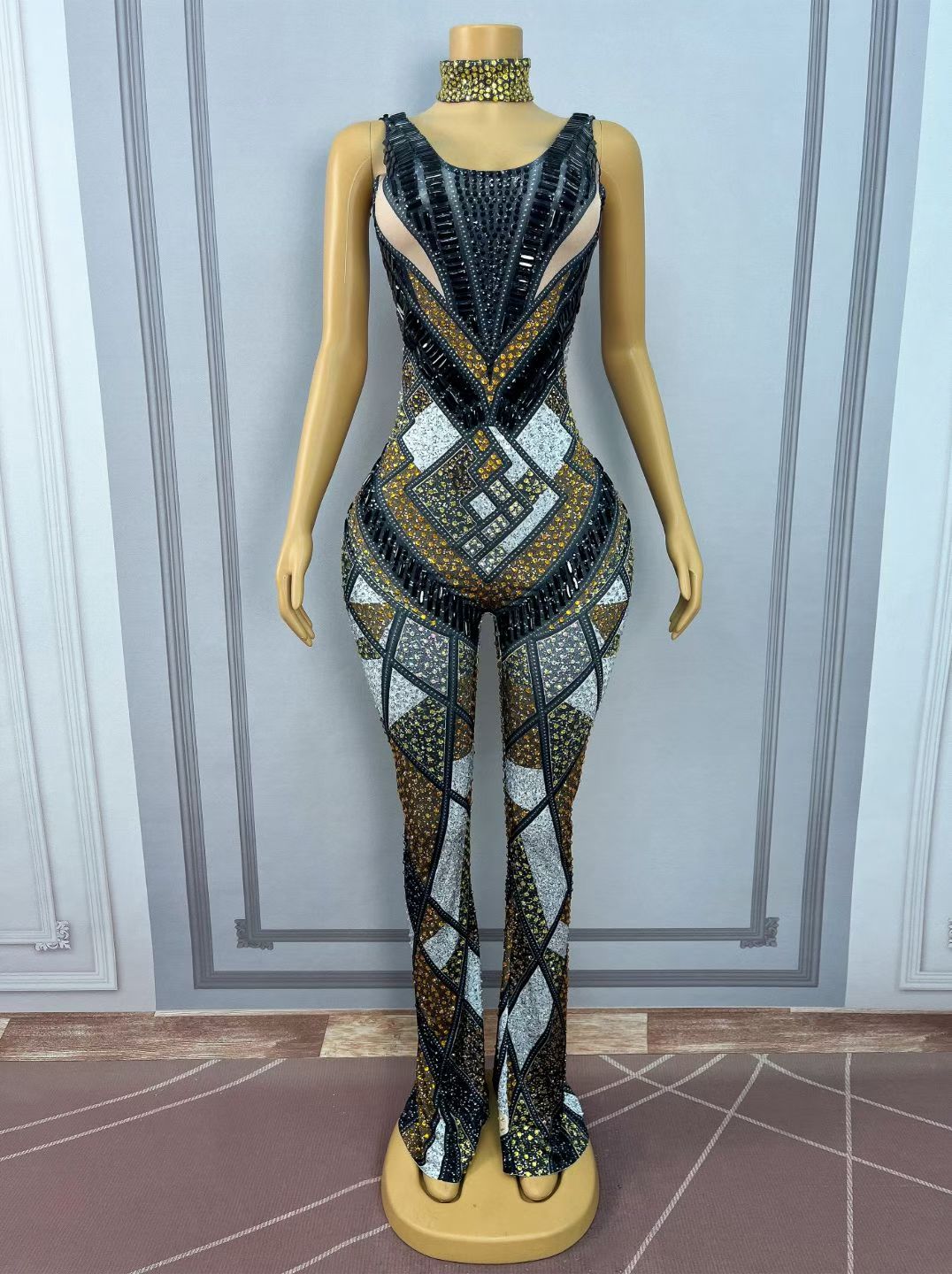 Luomacazhuan Rhinestone Roman Mosaic Print Stage Dress
