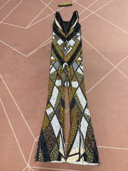 Luomacazhuan Rhinestone Roman Mosaic Print Stage Dress