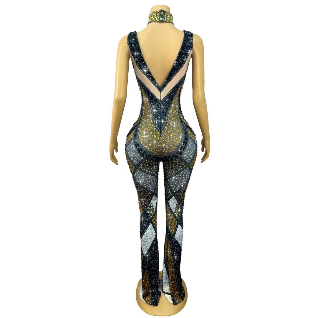 CELESINYI Luomacazhuan Crystal Mosaic Bell-Bottom Jumpsuit