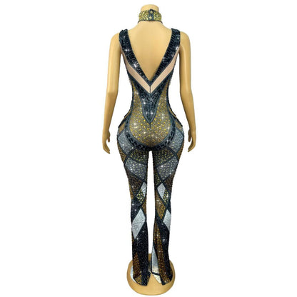 Luomacazhuan Rhinestone Roman Mosaic Print Stage Dress