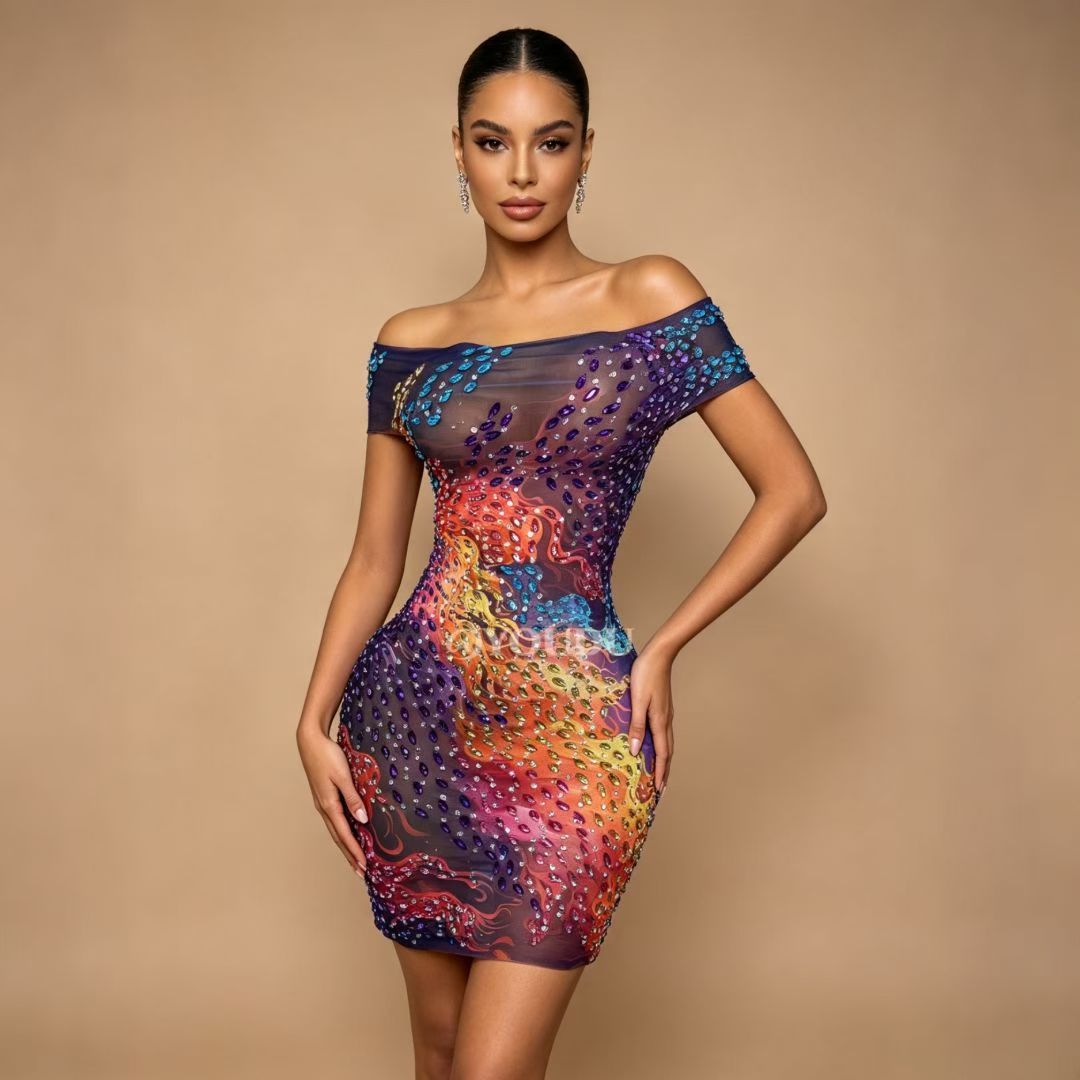 Hualin Rhinestone Floral Scale Print Dance Dress