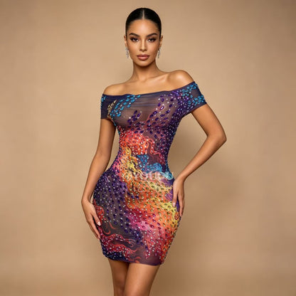 Hualin Rhinestone Floral Scale Print Dance Dress