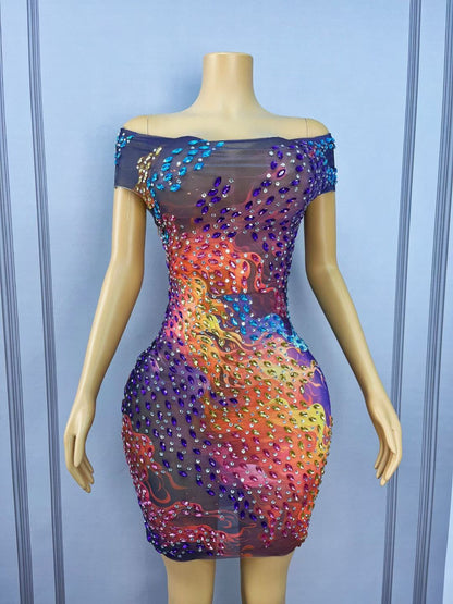 Hualin Rhinestone Floral Scale Print Dance Dress