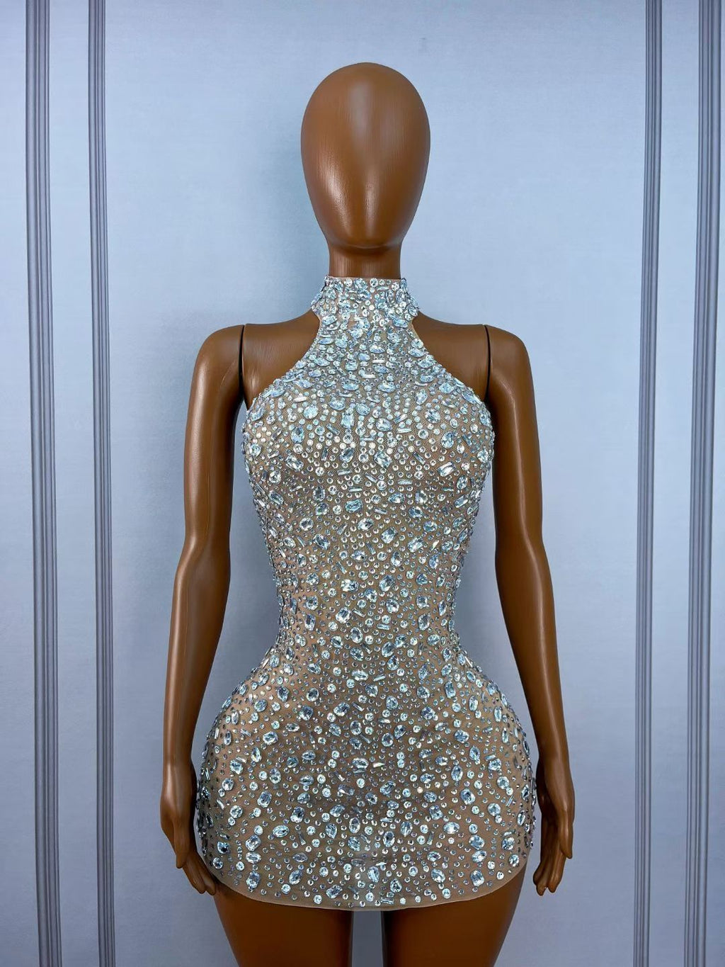 CELESINYI Sadoudou Crystal Full Stone Mini Dress