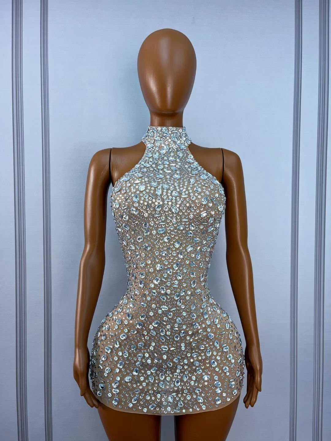 CELESINYI Sadoudou Crystal Full Stone Mini Dress