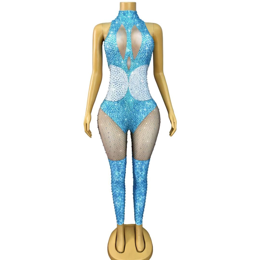Qinglan Rhinestone Cyan Wave Stage Dress