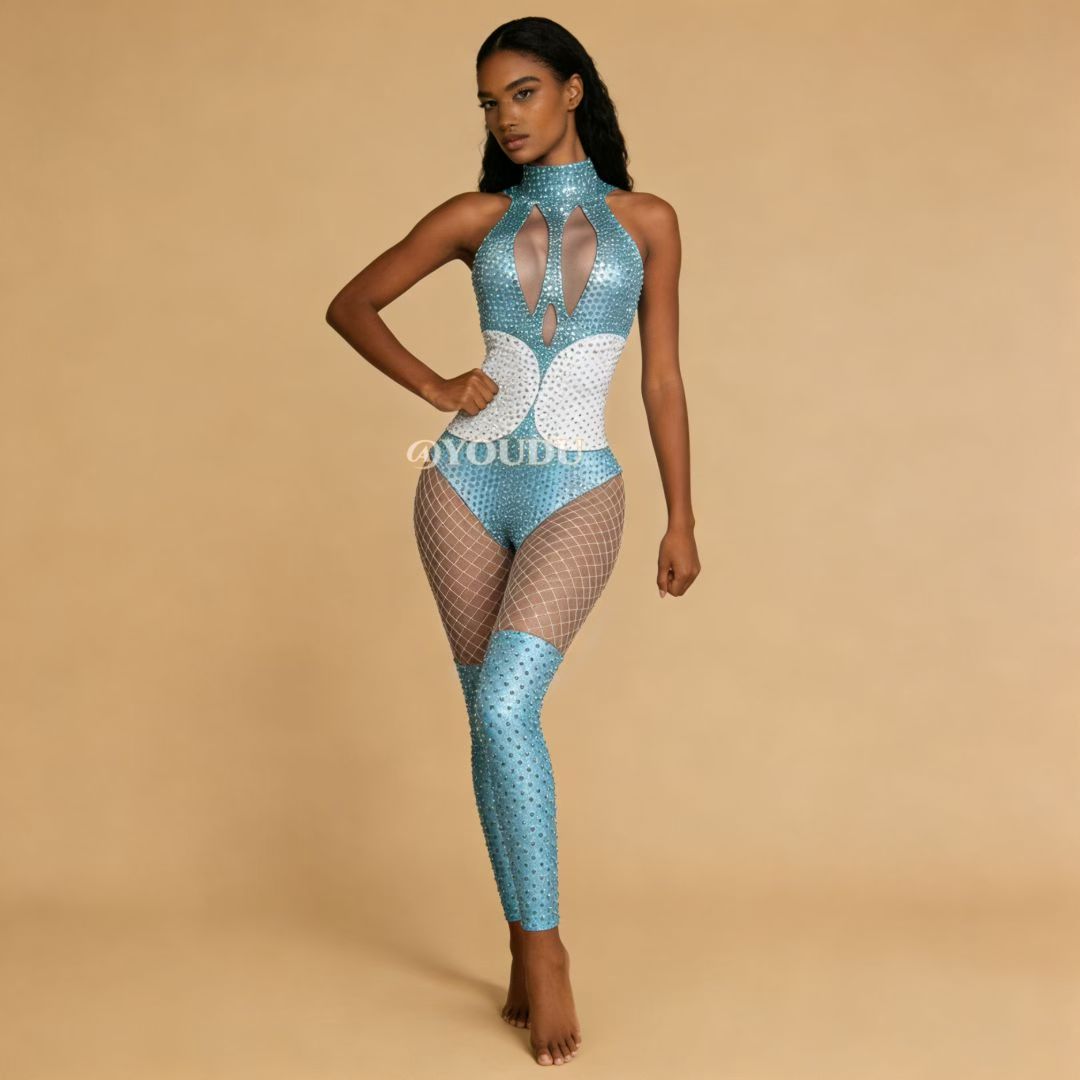 CELESINYI Qinglan Crystal Blue Cutout Bodysuit