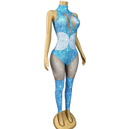 Qinglan Rhinestone Cyan Wave Stage Dress
