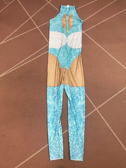 Qinglan Rhinestone Cyan Wave Stage Dress