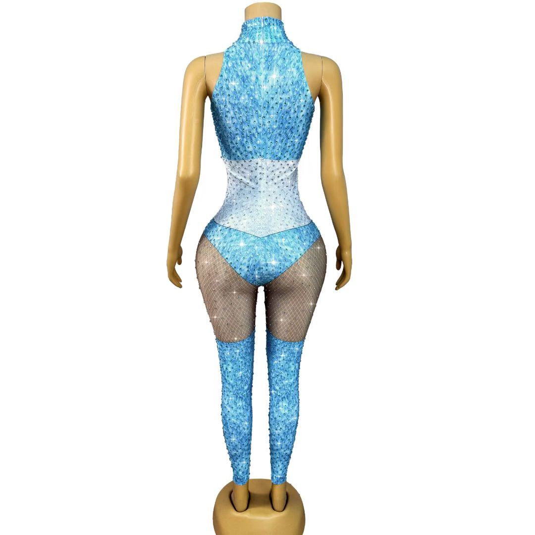 Qinglan Rhinestone Cyan Wave Stage Dress