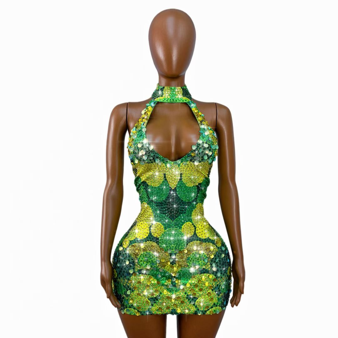 Qingzongzi Rhinestone Green Zongzi Dance Costume