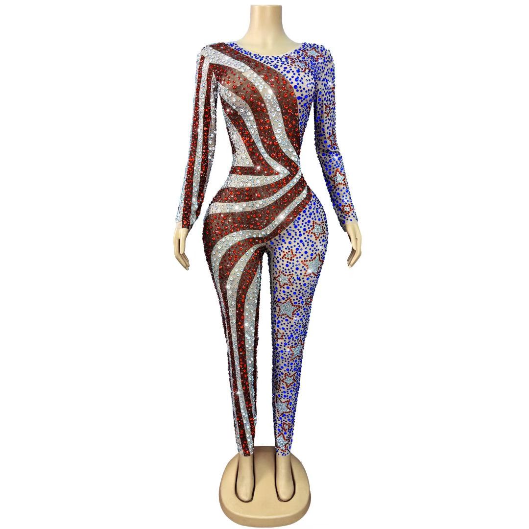 Meishi Rhinestone American Style Hip Hop Dance Jumpsuit