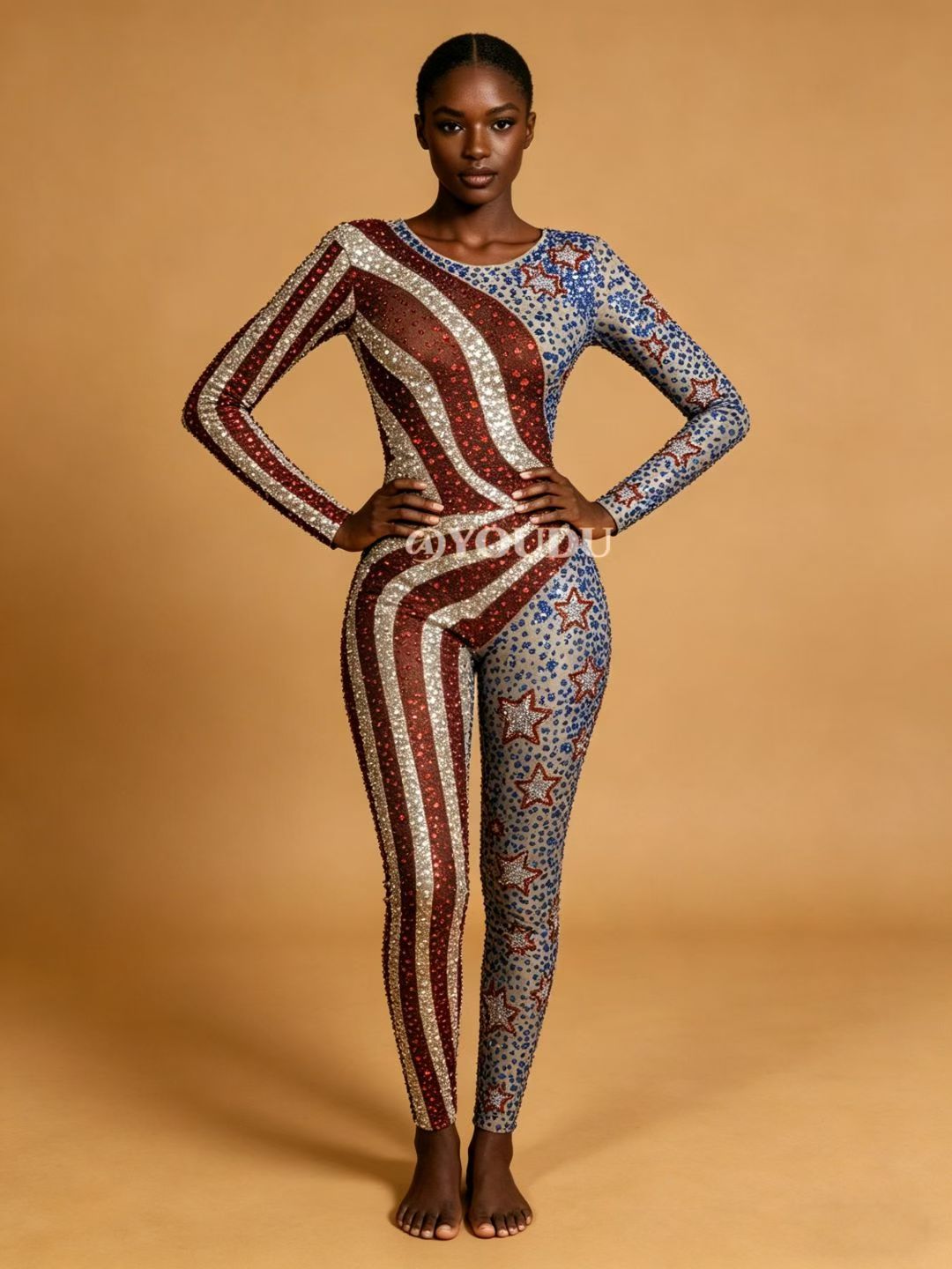 Meishi Rhinestone American Style Hip Hop Dance Jumpsuit